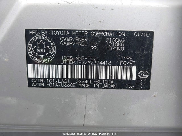 Aukcja sprzedaży 2010 Lexus Es 350 350, vin: JTHBK1EG2A2374418, numer aukcji: 12560343
