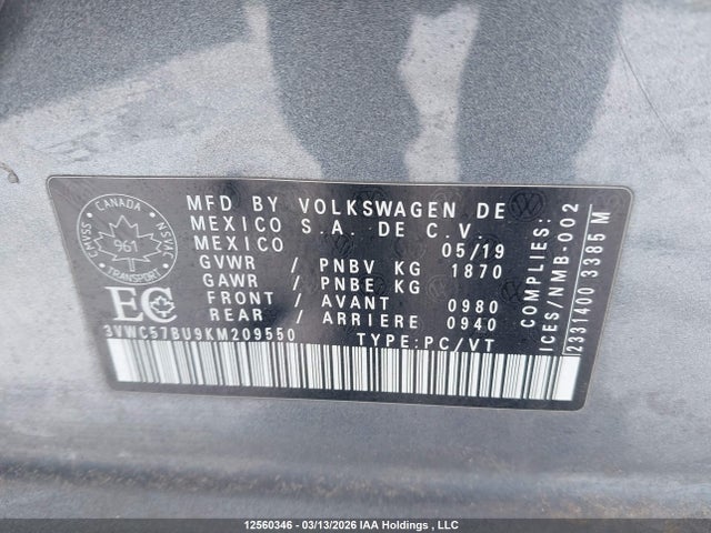 3VWC57BU9KM209550 Volkswagen Jetta 1.4 Tsi Comfortline