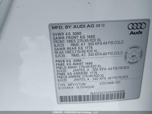 Продажа на аукционе авто 2013 Audi Q7 Prestige, vin: WA1VGCFE0DD005388, номер лота: 12560350