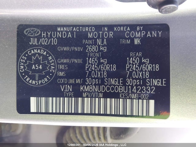12560351 :رقم المزاد ، KM8NUDCC0BU142332 vin ، 2011 Hyundai Veracruz Gls مزاد بيع