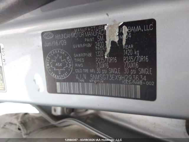 Продаж на аукціоні авто 2009 Hyundai Santa Fe Gl/gls, vin: 5NMSG73EX9H293634, номер лоту: 12560357