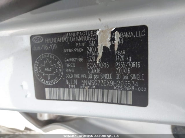 Продаж на аукціоні авто 2009 Hyundai Santa Fe Gl/gls, vin: 5NMSG73EX9H293634, номер лоту: 12560357