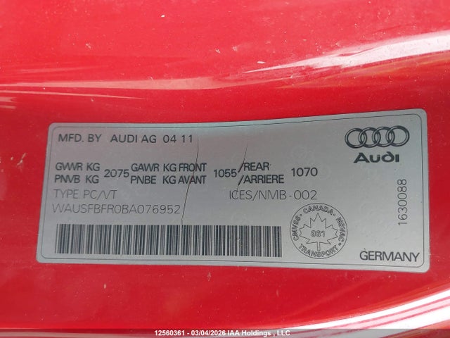 12560361 :رقم المزاد ، WAUSFBFR0BA076952 vin ، 2011 Audi A5 2.0t Premium مزاد بيع