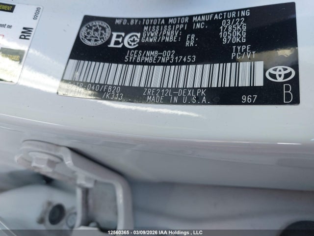 12560365 :رقم المزاد ، 5YFBPMBE7NP317453 vin ، 2022 Toyota Corolla Le مزاد بيع