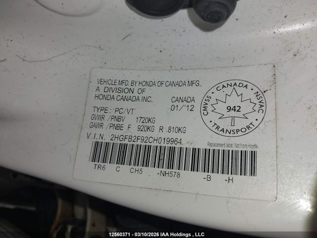 Aukcja sprzedaży 2012 Honda Civic Exl, vin: 2HGFB2F92CH019964, numer aukcji: 12560371