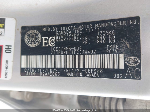 2T1BURHE4FC314492 Toyota Corolla L/le/le Pls/prm/s/s Pls