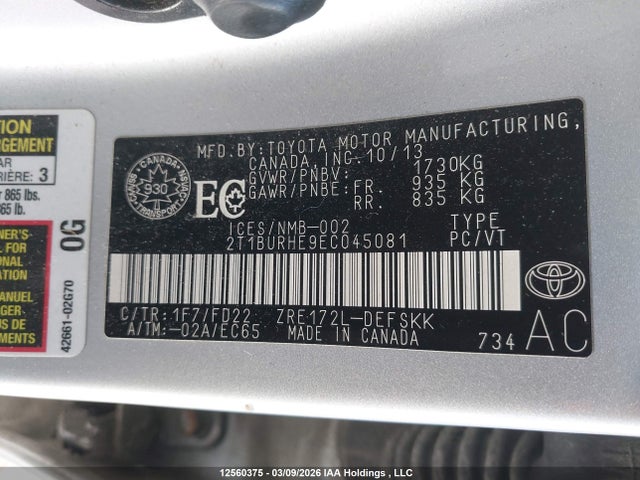2T1BURHE9EC045081 Toyota Corolla S