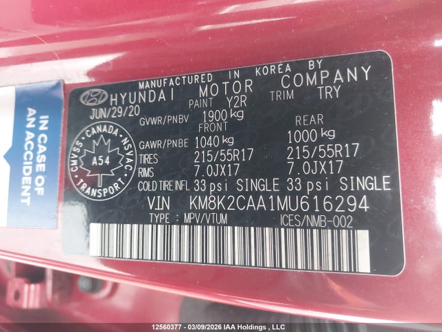 Aukcja sprzedaży 2021 Hyundai Kona Preferred Awd, vin: KM8K2CAA1MU616294, numer aukcji: 12560377