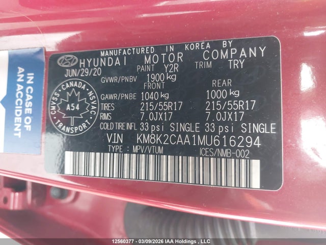 Aukcja sprzedaży 2021 Hyundai Kona Preferred Awd, vin: KM8K2CAA1MU616294, numer aukcji: 12560377