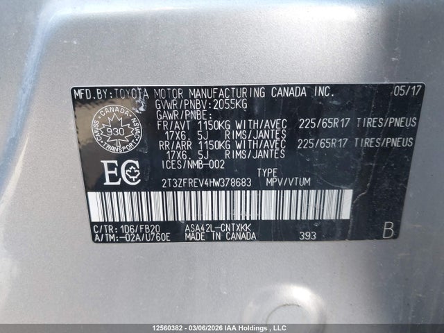 2T3ZFREV4HW378683 Toyota RAV4 LE