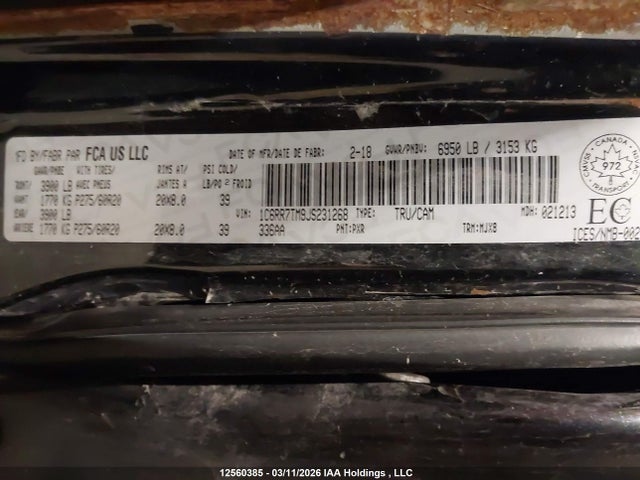 12560385 :رقم المزاد ، 1C6RR7TM9JS231268 vin ، 2018 Dodge Ram 1500 مزاد بيع