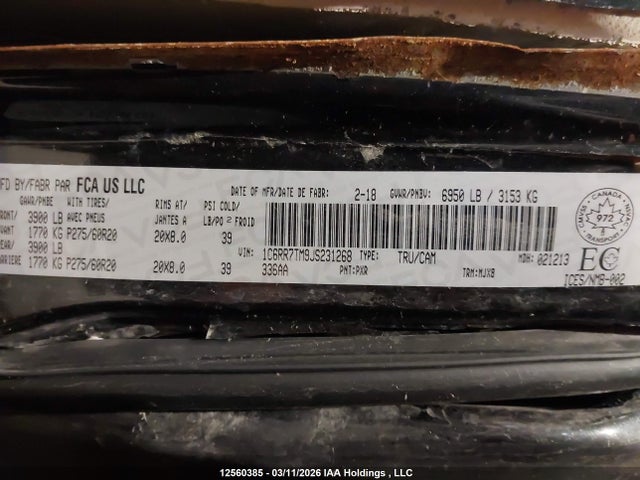 12560385 :رقم المزاد ، 1C6RR7TM9JS231268 vin ، 2018 Dodge Ram 1500 مزاد بيع