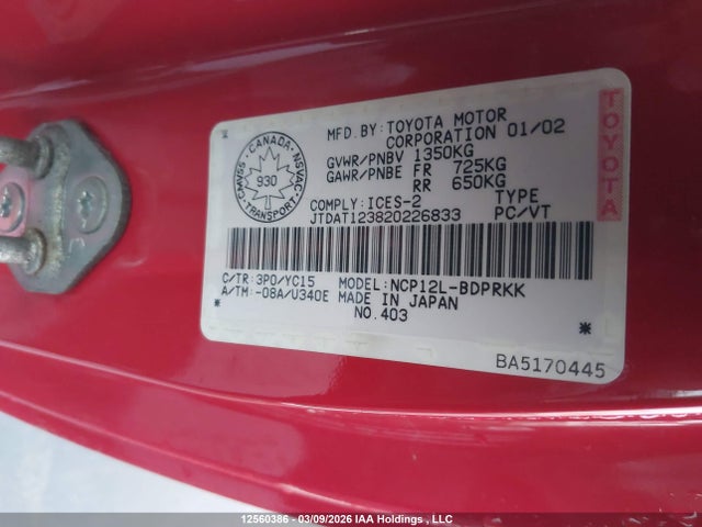 Продажа на аукционе авто 2002 Toyota Echo, vin: JTDAT123820226833, номер лота: 12560386
