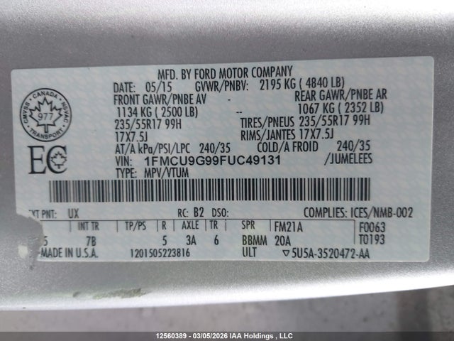 2015 Ford Escape Se მანქანა იყიდება აუქციონზე, vin: 1FMCU9G99FUC49131, აუქციონის ნომერი: 12560389