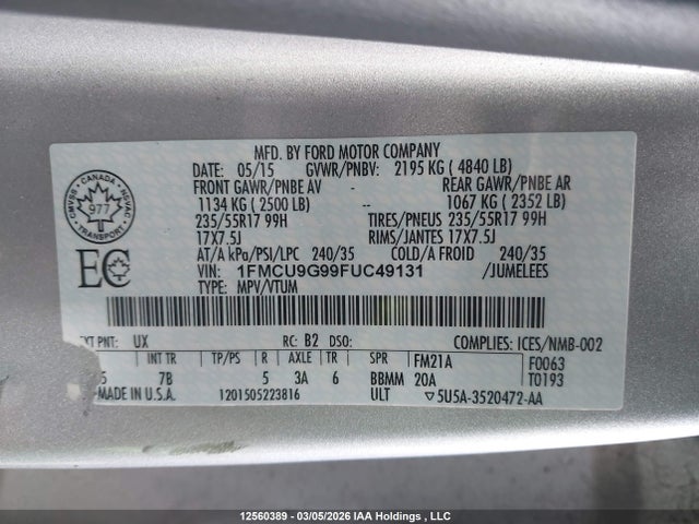 2015 Ford Escape Se მანქანა იყიდება აუქციონზე, vin: 1FMCU9G99FUC49131, აუქციონის ნომერი: 12560389