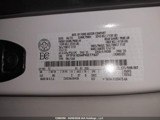2023 Ford F150 Super Cab მანქანა იყიდება აუქციონზე, vin: 1FTFX1E84PKE77927, აუქციონის ნომერი: 12560390