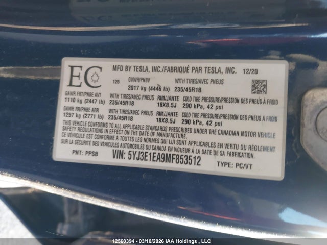 2021 Tesla Model 3 Standard Range/standard Range Plus მანქანა იყიდება აუქციონზე, vin: 5YJ3E1EA9MF853512, აუქციონის ნომერი: 12560394