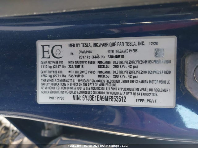 2021 Tesla Model 3 Standard Range/standard Range Plus მანქანა იყიდება აუქციონზე, vin: 5YJ3E1EA9MF853512, აუქციონის ნომერი: 12560394
