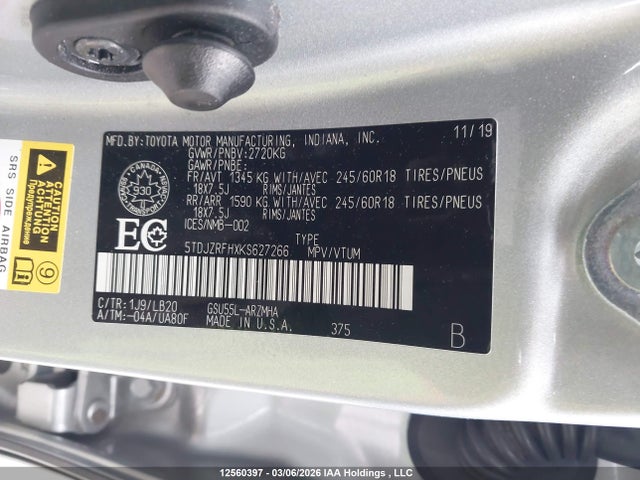 5TDJZRFHXKS627266 Toyota Highlander Xle