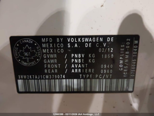 12560399 :رقم المزاد ، 3VW2K7AJ1CM379074 vin ، 2012 Volkswagen Jetta مزاد بيع