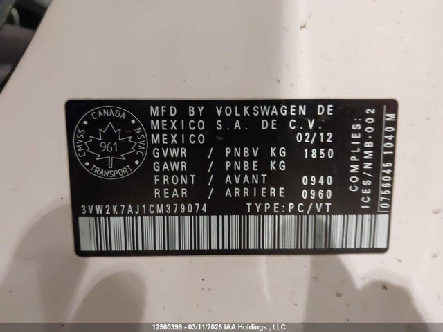 12560399 :رقم المزاد ، 3VW2K7AJ1CM379074 vin ، 2012 Volkswagen Jetta مزاد بيع