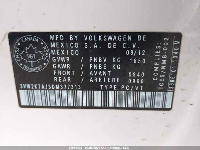 12560405 :رقم المزاد ، 3VW2K7AJ3DM377313 vin ، 2013 Volkswagen Jetta 2.0l Trendline/2.0l Trendline+ مزاد بيع