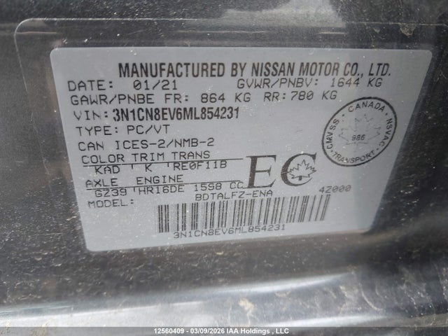 3N1CN8EV6ML854231 Nissan VERSA SV