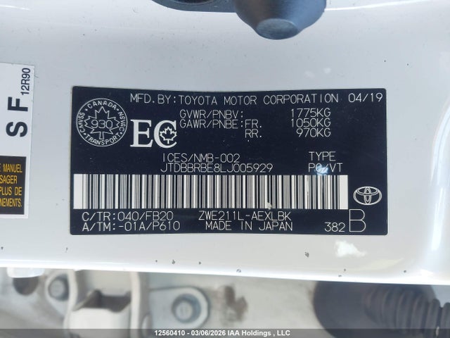 12560410 :رقم المزاد ، JTDBBRBE8LJ005929 vin ، 2020 Toyota Corolla Hybrid مزاد بيع