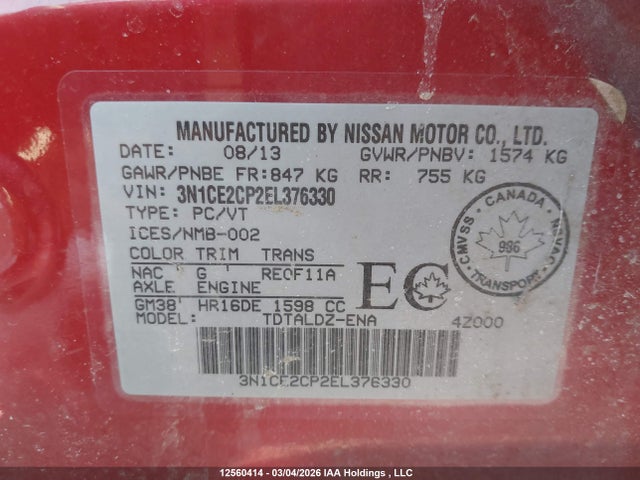 Aukcja sprzedaży 2014 Nissan Versa Note 1.6 S/1.6 Sl/1.6 Sv, vin: 3N1CE2CP2EL376330, numer aukcji: 12560414