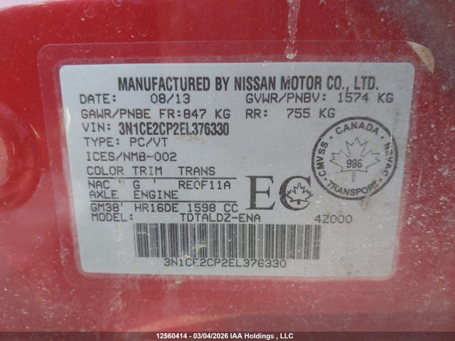 Aukcja sprzedaży 2014 Nissan Versa Note 1.6 S/1.6 Sl/1.6 Sv, vin: 3N1CE2CP2EL376330, numer aukcji: 12560414