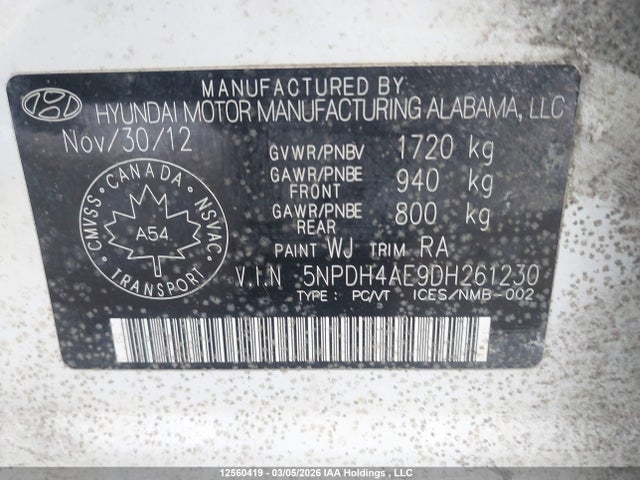 Aukcja sprzedaży 2013 Hyundai Elantra Gl, vin: 5NPDH4AE9DH261230, numer aukcji: 12560419