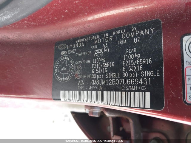 Aukcja sprzedaży 2007 Hyundai Tucson Gls, vin: KM8JM12B07U669431, numer aukcji: 12560423