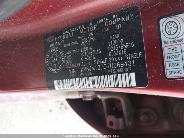 Aukcja sprzedaży 2007 Hyundai Tucson Gls, vin: KM8JM12B07U669431, numer aukcji: 12560423