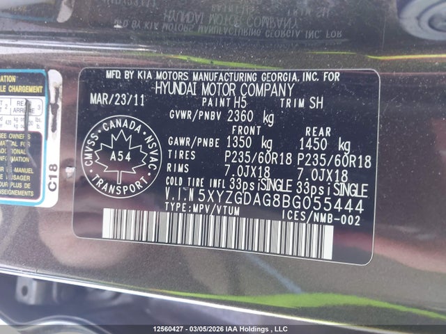 Продажа на аукционе авто 2011 Hyundai Santa Fe Gl 3.5/gl 3.5 Sport, vin: 5XYZGDAG8BG055444, номер лота: 12560427
