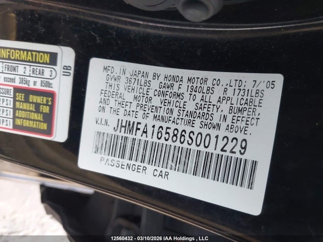 2006 Honda Civic Lx მანქანა იყიდება აუქციონზე, vin: JHMFA16586S001229, აუქციონის ნომერი: 12560432