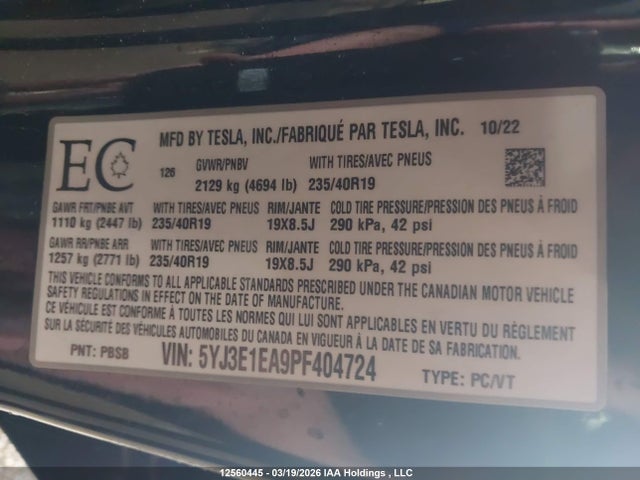 Продажа на аукционе авто 2023 Tesla Model 3, vin: 5YJ3E1EA9PF404724, номер лота: 12560445