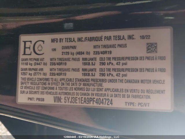 Продажа на аукционе авто 2023 Tesla Model 3, vin: 5YJ3E1EA9PF404724, номер лота: 12560445