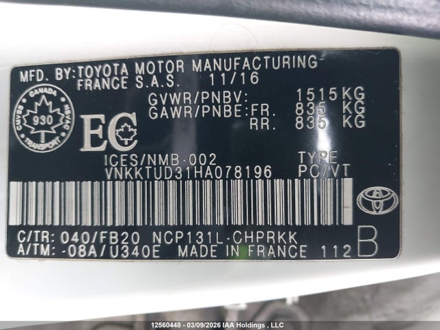 12560448 :رقم المزاد ، VNKKTUD31HA078196 vin ، 2017 Toyota Yaris مزاد بيع