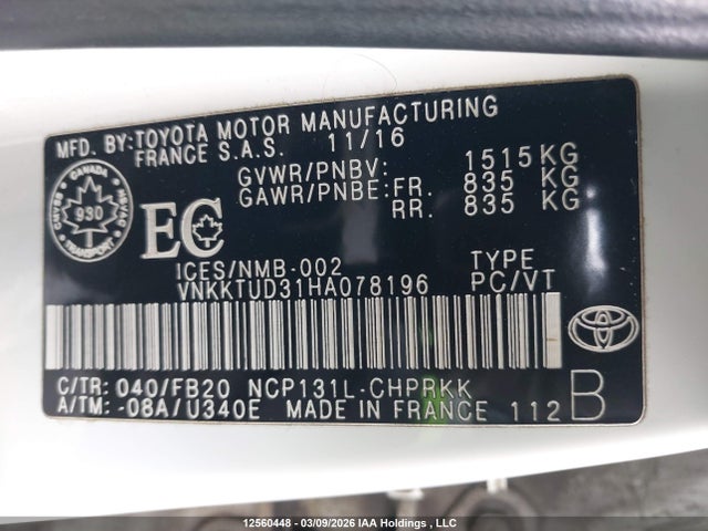 12560448 :رقم المزاد ، VNKKTUD31HA078196 vin ، 2017 Toyota Yaris مزاد بيع