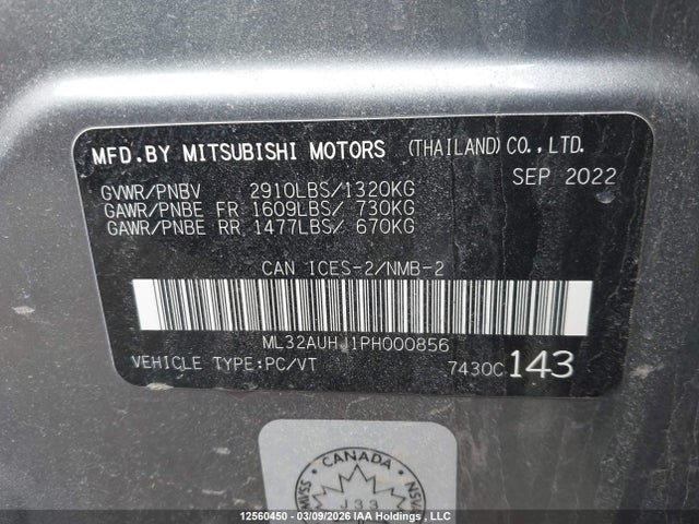 Aukcja sprzedaży 2023 Mitsubishi Mirage, vin: ML32AUHJ1PH000856, numer aukcji: 12560450