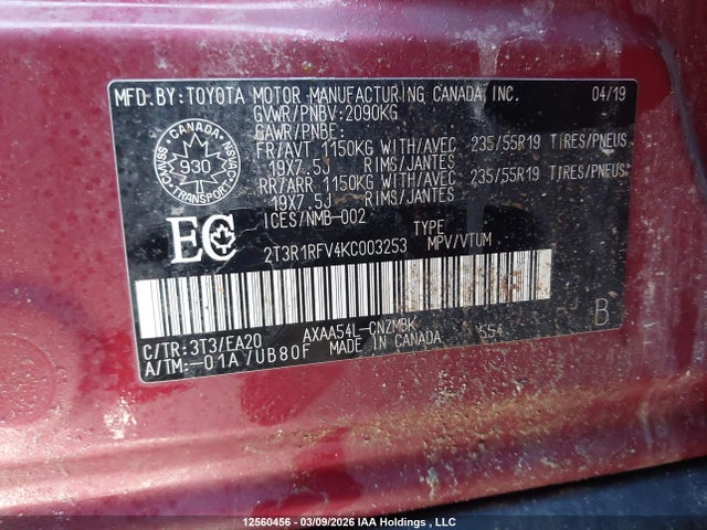 12560456 :رقم المزاد ، 2T3R1RFV4KC003253 vin ، 2019 Toyota Rav4 Xle مزاد بيع