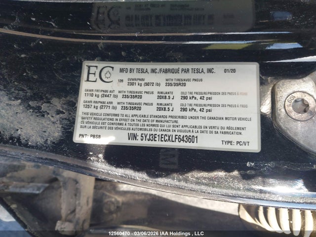 Aukcja sprzedaży 2020 Tesla Model 3 Performance, vin: 5YJ3E1ECXLF643601, numer aukcji: 12560470