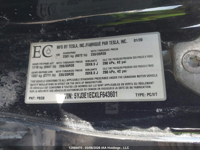 Aukcja sprzedaży 2020 Tesla Model 3 Performance, vin: 5YJ3E1ECXLF643601, numer aukcji: 12560470