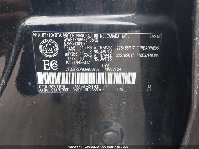 12560474 :رقم المزاد ، 2T3BFREV9JW830909 vin ، 2018 Toyota Rav4 Le مزاد بيع