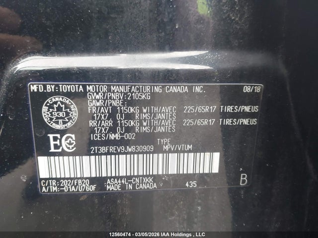 12560474 :رقم المزاد ، 2T3BFREV9JW830909 vin ، 2018 Toyota Rav4 Le مزاد بيع