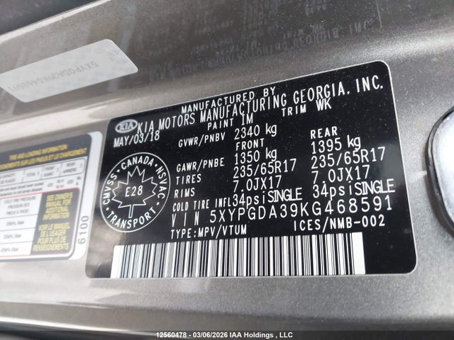 5XYPGDA39KG468591 KIA Sorento