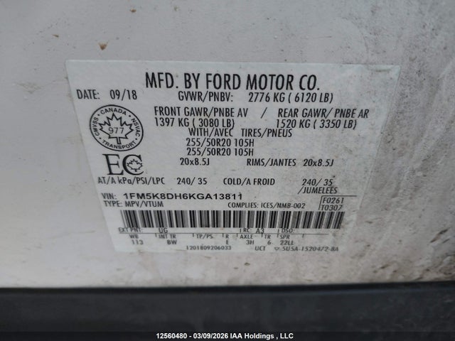 1FM5K8DH6KGA13811 Ford EXPLORER XLT