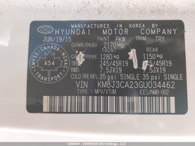 Aukcja sprzedaży 2016 Hyundai Tucson Limited/sport And Eco/se, vin: KM8J3CA23GU034462, numer aukcji: 12560481