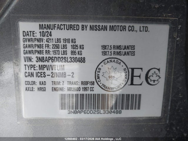 Aukcja sprzedaży 2025 Nissan Kicks Sr, vin: 3N8AP6DD2SL330488, numer aukcji: 12560482