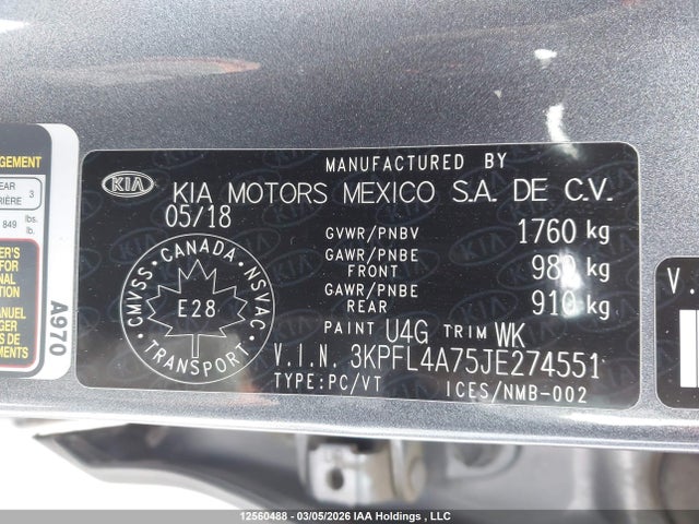 3KPFL4A75JE274551 KIA Forte Lx/s